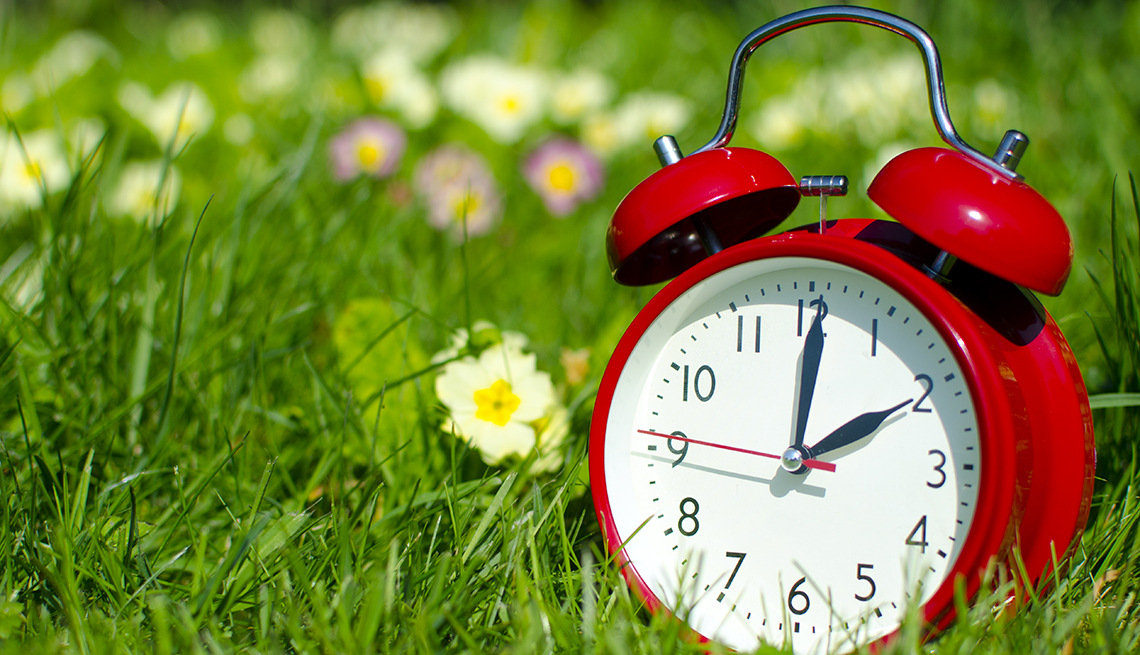 The photo is showing the clock in a floral surrounding.